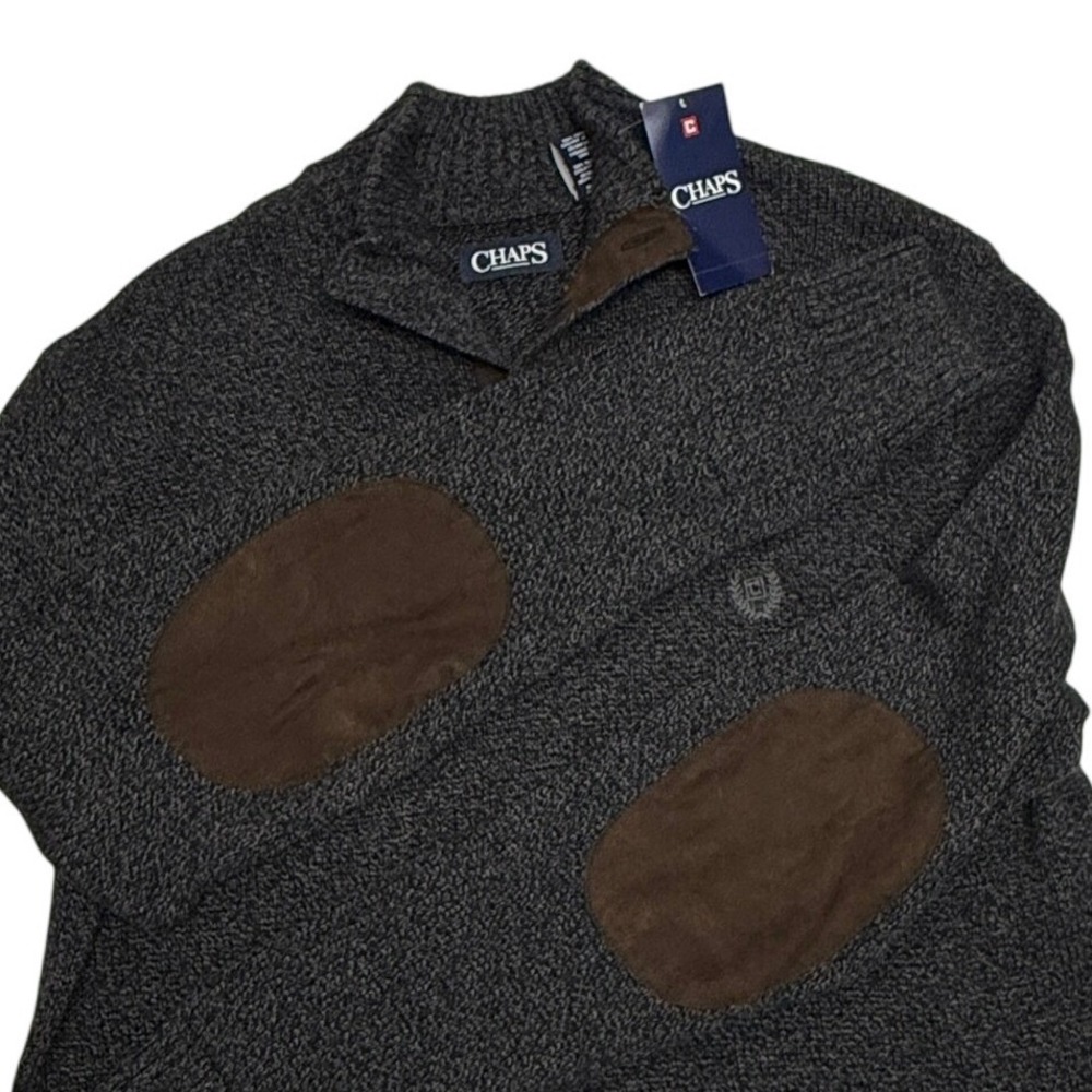 Chaps Sweater Mens XXL Gray Twist Mock Neck Button Elbow Patchs Pullover NEW NWT